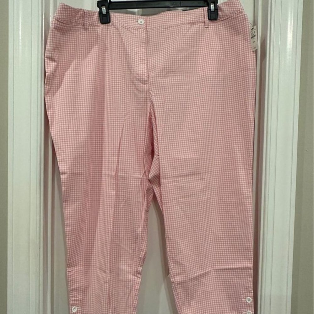 Talbots Womens Perfect Crop Pants. Size 22W. Pink/White Check. NWT